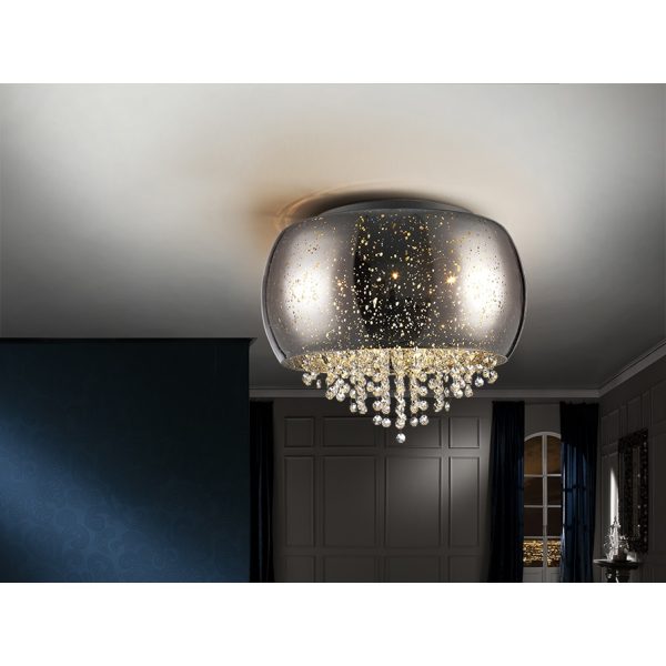 Plafón LED de diseño moderno CAELUM Ø40 metal acabado cromo cristal plata espejado estrellado y tiras de cristal facetado