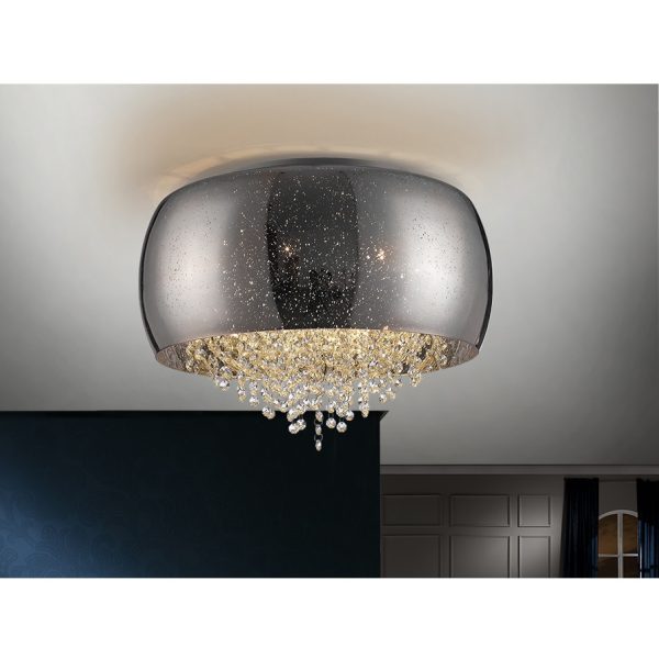 Plafón LED de diseño moderno CAELUM Ø50 metal acabado cromo cristal plata espejado estrellado y tiras de cristal facetado