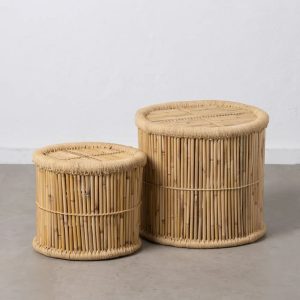 Set de 2 mesas auxiliares redondas diseño rústico bambú y fibras naturales