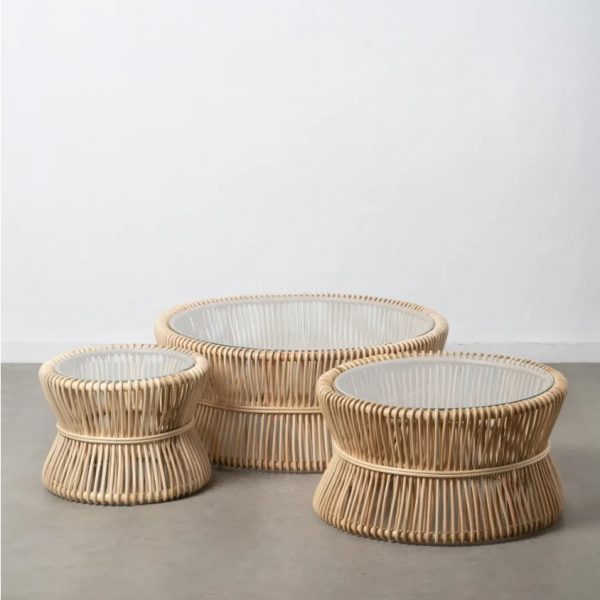 Set de 3 mesas auiliares redondas diseño rústico vintage ratán natural trenzado y sobre de cristal