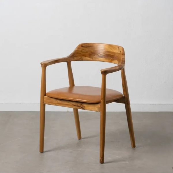 Silla con reposabrzos de diseño vintage madera de teka y asiento de piel marrón