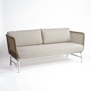 Sofá para exterior diseño moderno vintage metal blanco cuerda topo y cojines gris