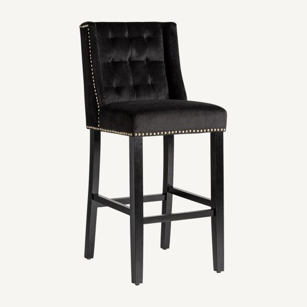 Taburete alto de diseño clásico vintage DACHWIG tapizado capitoné terciopelo color negro con tachuelas y patas de madera