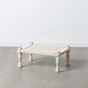 banco diseño rústico vintage madera mango blanco y asiento cuerda blanca trenzada