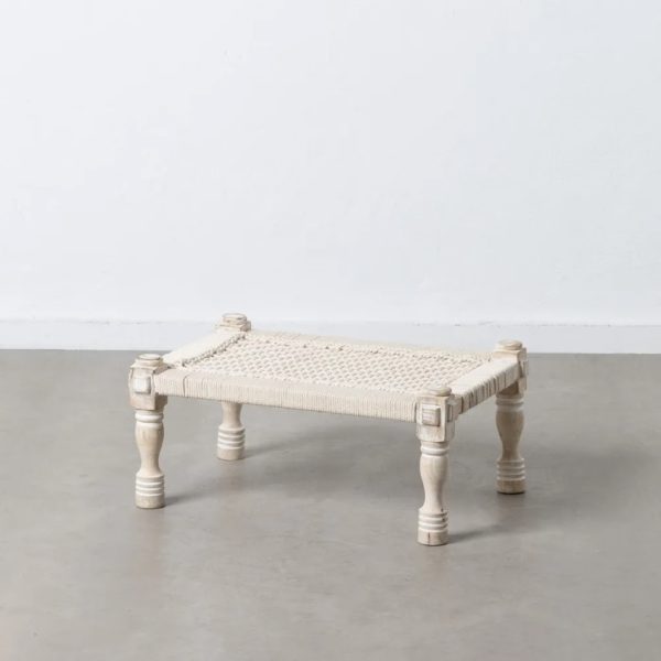 banco diseño rústico vintage madera mango blanco y asiento cuerda blanca trenzada