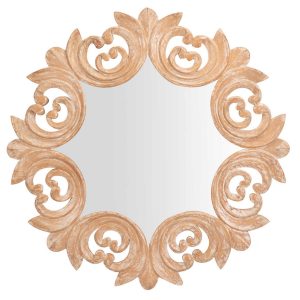 Espejo decorativo de diseño vintage Ø120 madera natural con tallas