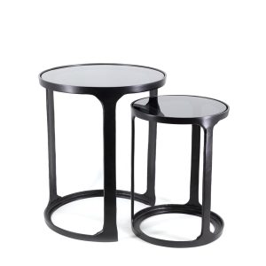 Juego de 2 mesas de centro redondas de diseño vintage ANTIQUE Ø40_30 cristal y aluminio color negro