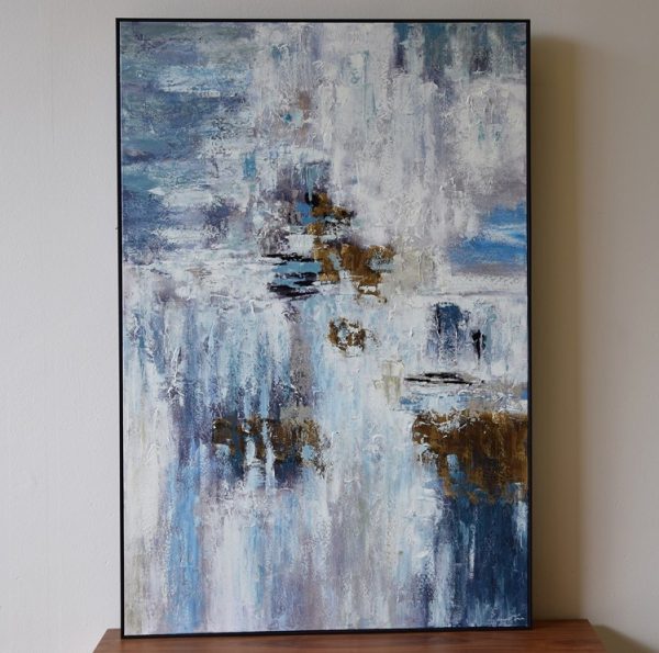 Lienzo abstracto HORMIGON 100x150 pintado a mano sobre lienzo tonos azul y pan de oro con marco color negro