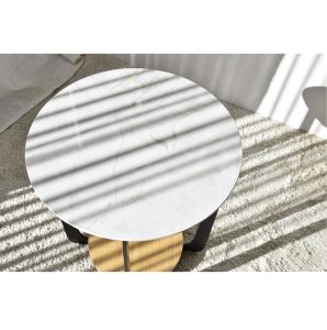 Mesa auxiliar redonda de diseño moderno Ø45 metal negro mate mármol porcelánico blanco y gris y roble natural 2