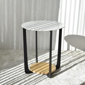Mesa auxiliar redonda de diseño moderno Ø45 metal negro mate mármol porcelánico blanco y gris y roble natural