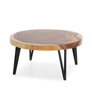 Mesa de centro redonda de diseño rústico industrial Ø100 madera de suar acabado natural y metal negro