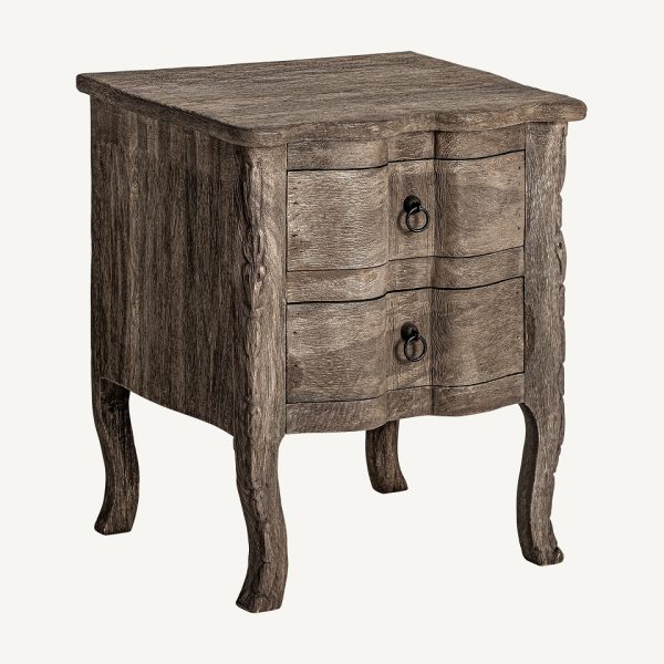 Mesita de noche de diseño clásico provenzal MUNGUIA 56 madera de mango marrón efecto envejecido con tallas