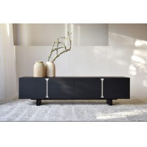 Mueble de televisión de diseño moderno minimalista CURVA 198 acabado negro mate y gris arena mate