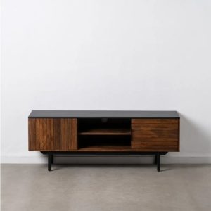 Mueble de televisión diseño rústico industrial madera mango negro y natural con patas de hierro