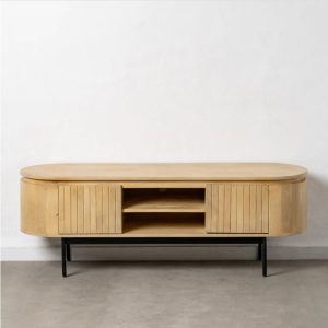 Mueble televisión diseño rústico industrial madera de mango y patas hierro formas redondeadas