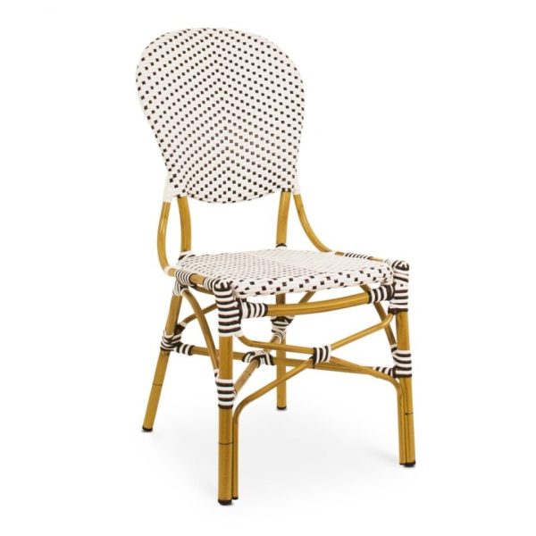 Silla de diseño vintage AMELIE aluminio imitación bambú_ratán y textil acabados color blanco y café