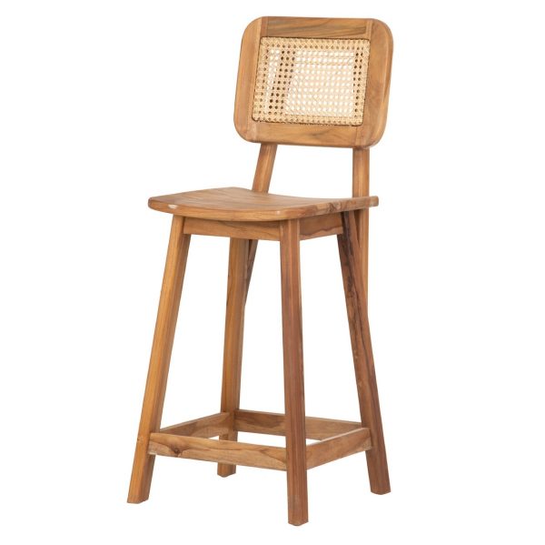 Taburete alto de diseño vintage étnico madera de teka y ratán acabado natural