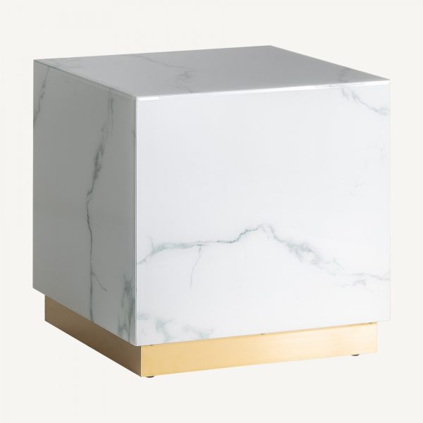 Mesa auxiliar cuadrada de diseño Art Decó NEVA 60 vidrio color blanco y acero oro 2