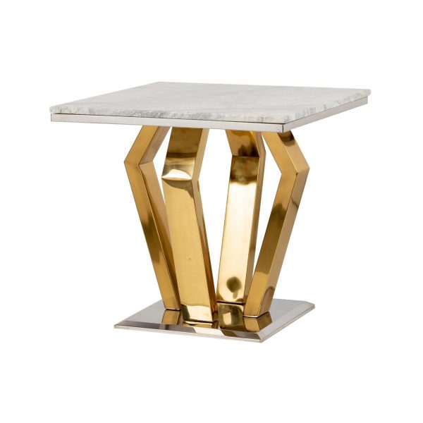 Mesa auxiliar cuadrada de diseño Art Decó NORILSK 60 mármol artificial gris y acero inoxidable dorado y plata 2