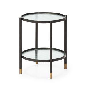 Mesa auxiliar redonda de diseño vintage Art Decó Ø51 cristal y metal negro y latón