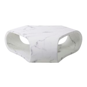 Mesa de centro de diseño Art Decó KARLSKRONA 104 mármol artificial chapa de madera y fibra de vidrio acabado color blanco