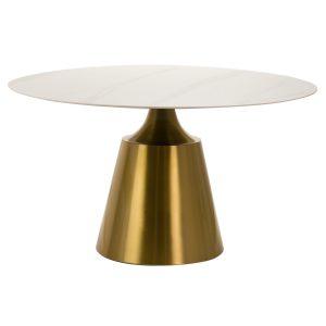 Mesa de comedor redonda de diseño Art Decó DALIAN Ø135 mármol sintético color blanco y acero inoxidable dorado