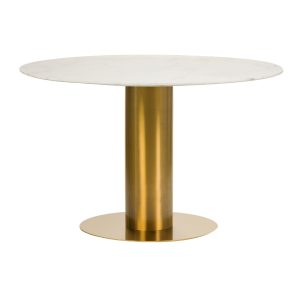 Mesa de comedor redonda de diseño Art Decó HEFEI Ø135 mármol sintético color blanco y acero inoxidable dorado