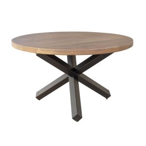 Mesa de comedor redonda de diseño rústico industrial ONTARIO Ø130 hecho a mano en madera de acacia y hierro
