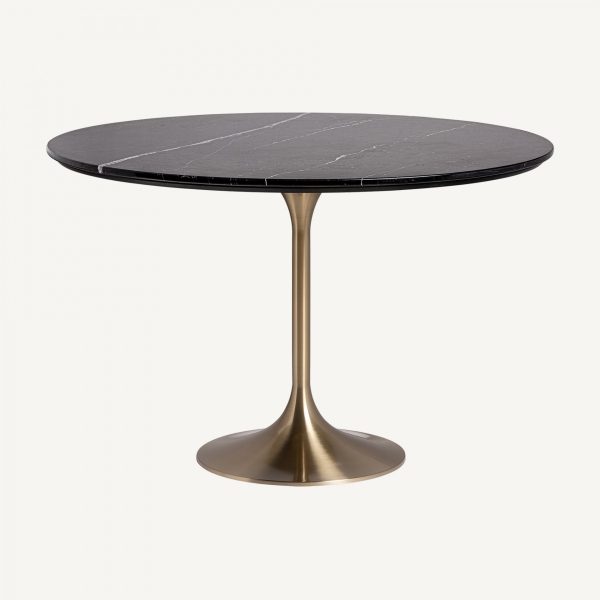 Mesa de comedor redonda de estilo Art Decó KELHEIM Ø120 acero dorado y mármol negro 2
