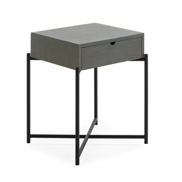Mesita de noche de diseño vintage 50 madera gris y metal negro con un cajón
