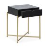Mesita de noche de diseño vintage 50 madera negro y metal dorado con un cajón 3