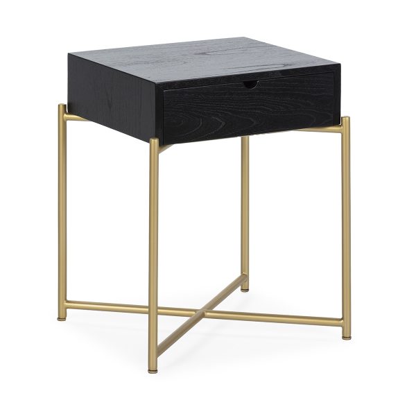Mesita de noche de diseño vintage 50 madera negro y metal dorado con un cajón