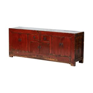 Mueble televisión diseño rústioc oriental madera antigua de olmo acabado rojo con desgastes
