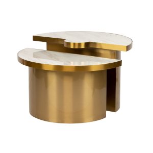 Set 2 mesas de centro de diseño Art Decó KREIS 80_60 mármol artificial y acero inoxidable dorado