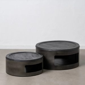 Set 2 mesas de centro redondas diseño industrial madera de acacia negro con hierro
