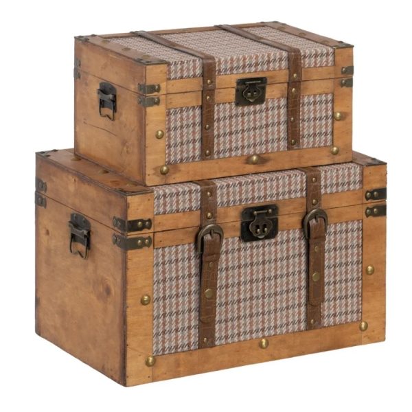 Set de 2 baúles diseño vintage madera con tela de cuadros detalle herrajes y correas