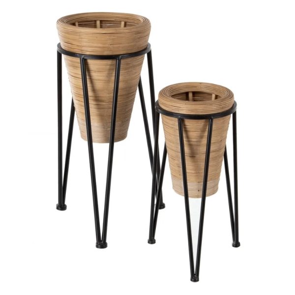 Set de 2 maceteros diseño rústico vintage bambú con soporte de hierro negro
