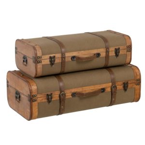 Set de 2 maletas decorativas diseño vintage madera con tela verde y herrajes