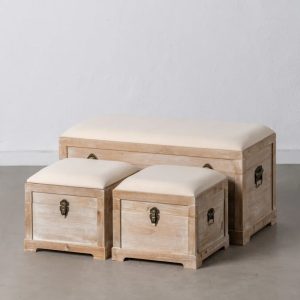 Set de 3 baúles diseño rústico vintage madera acabado natural y tapizado lino beige