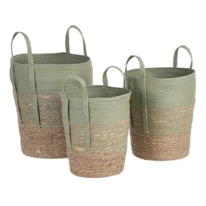 Set de 3 cestos decorativos diseño rústico vintage fibras naturales trenzadas colores verde y natural