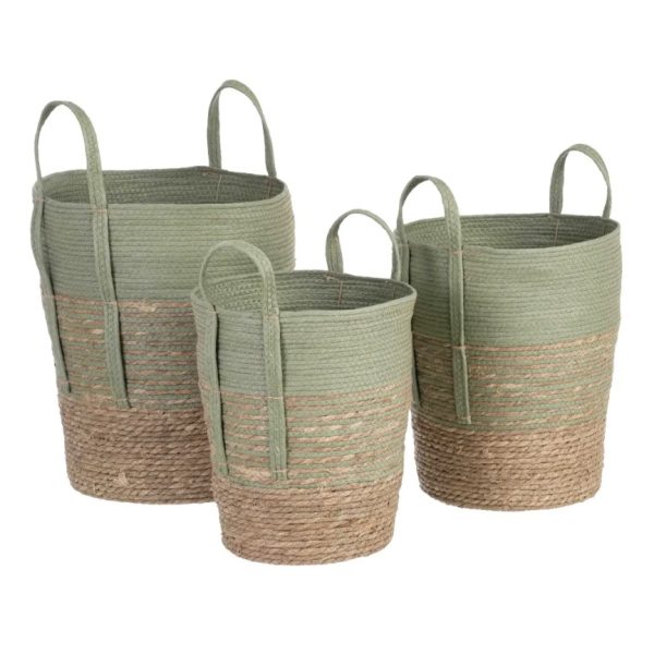 Set de 3 cestos decorativos diseño rústico vintage fibras naturales trenzadas colores verde y natural