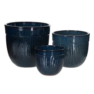 Set de 3 maceteros diseño vintage cerámica color azul marino