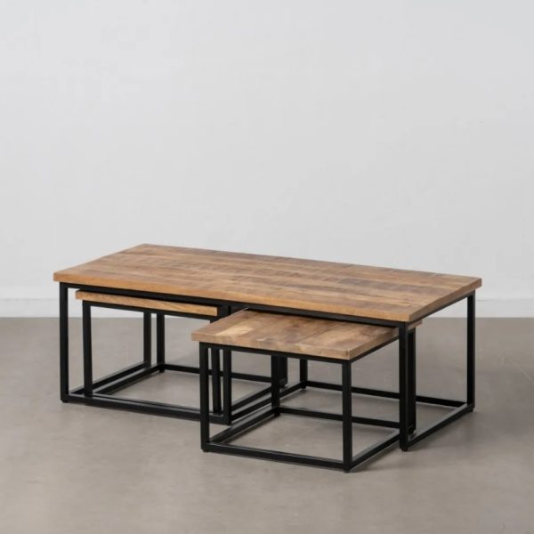 Set de 3 mesas nido de centro diseño rústico industrial madera de mango con hierro
