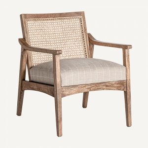 Sillón de diseño clásico colonial VALHEY asiento tapizado madera de mango y ratán
