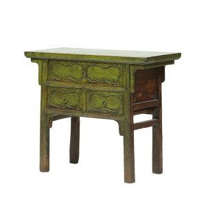 Consola diseño oriental madera antigua verde con desgastes y tallas