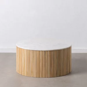 Mesa de centro redonda de diseño vintage Ø80 madera acabado natural y mármol color blanco
