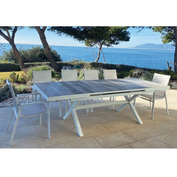 Mesa de comedor extensible para exterior aluminio blanco y tablero cerámico gris