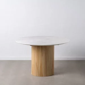 Mesa de comedor redonda de diseño vintage Ø120 madera de mango natural y mármol color blanco