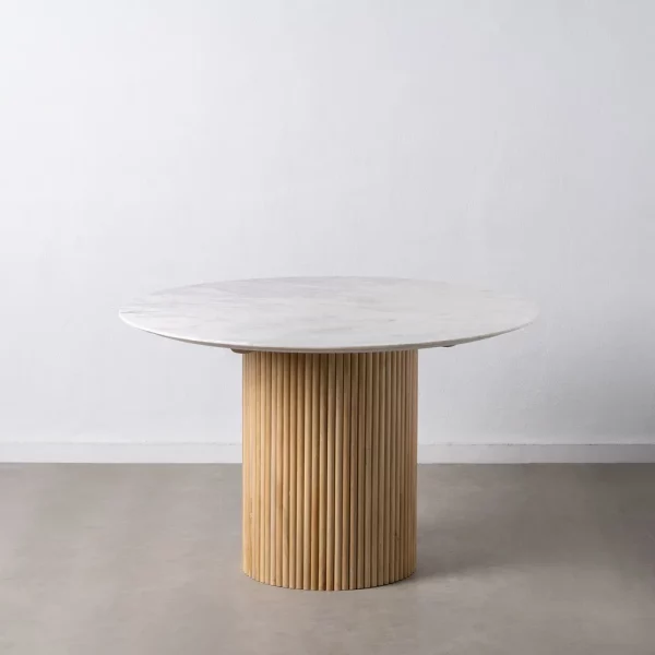 Mesa de comedor redonda de diseño vintage Ø120 madera de mango natural y mármol color blanco