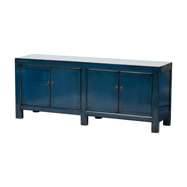 Mueble de televisión diseño oriental madera azul marino acabado satinado